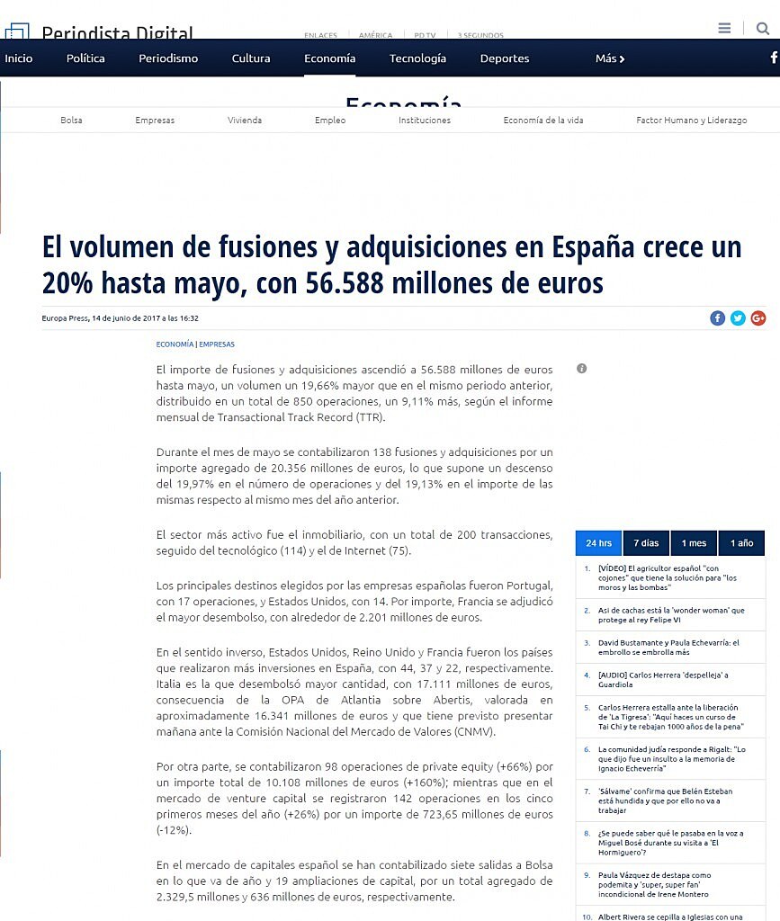 El volumen de fusiones y adquisiciones en Espaa crece un 20% hasta mayo, con 56.588 millones de euros